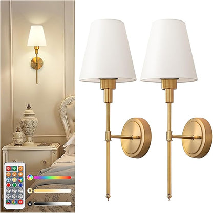 DORESshop Battery Operated Wall Sconce Set of 2, Wall Light Wireless Easy to Install, Dimmable and Adjustable Sconces Wall Decor, Rechargeable Wall Lamp for Bedroom, Living Room, Gold 20.7in