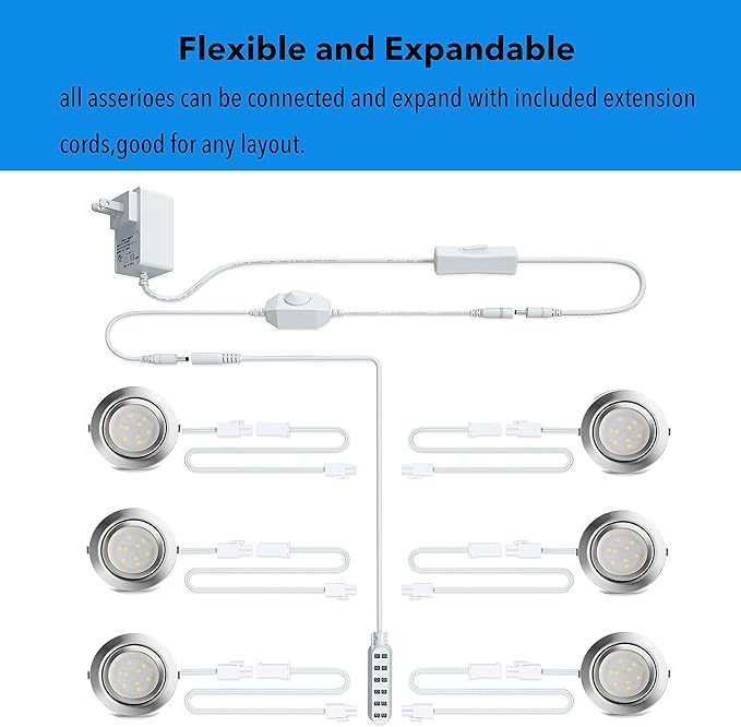 Under Cabinet Lighting Dimmable LED Puck Lights,Recessed Mount,12V Low Volt,60mm Cutout Haolgen Bulb Replace,Small Puck Light Plug in for Curio,Book Case,Display Shelf,6000k Cold White,6pcs