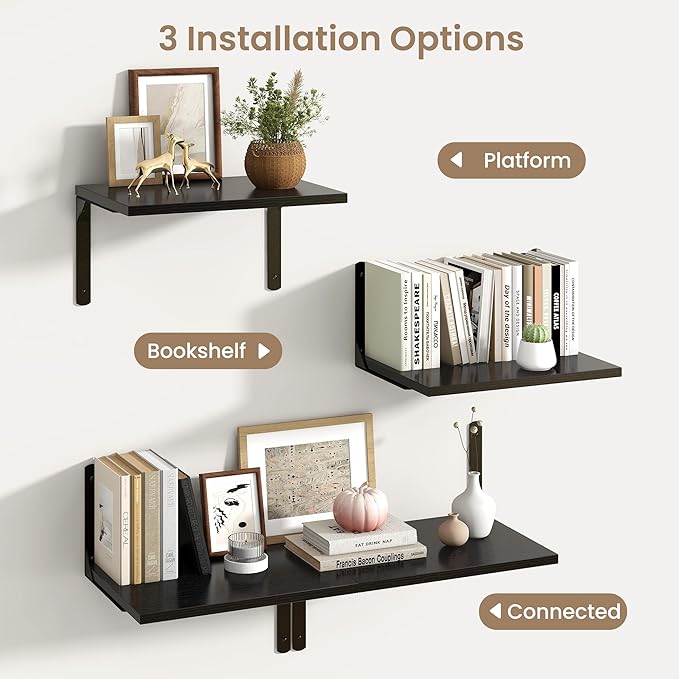 Fun Memories Floating Shelves for Wall, 12 Inch Deep Floating Shelves Set of 2, Wall Mounted Shelf with Metal Brackets, Rustic Wood Wide Shelf for Bathroom, Kitchen and Living Room, Black, 16W x 12D