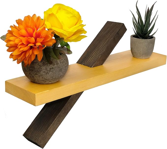 EXCELLO GLOBAL PRODUCTS Geometric Floating Wall Shelf - Easy to Assemble Modern - Decor for Kitchen, Living Room, Bedroom, Office (Dark Brown & Natural Wood)