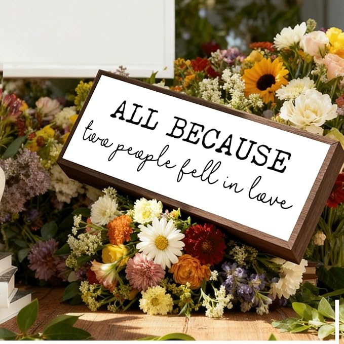 All Because Two People Fell In Love Sign, Farmhouse Wooden Box Signs, Home Decor for Living Room, Master Bedroom Decors, Tabletop Decors, Anniversary Decoration, Valentines Day Decor