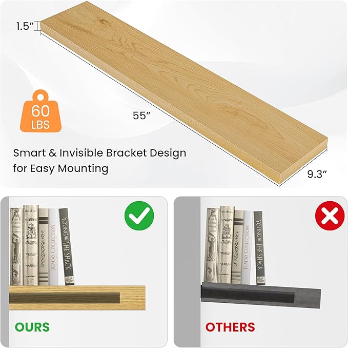 Floating Shelves for Wall, 55"W x 9.3"D x 1.5"H, Long Wooden Wall Mounted Display Shelves with Invisible Brackets for Living Room, Bedroom, Bathroom, Kitchen Decor and Storage, Set of 1, Oak
