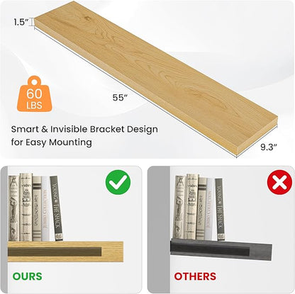 Floating Shelves for Wall, 55"W x 9.3"D x 1.5"H, Long Wooden Wall Mounted Display Shelves with Invisible Brackets for Living Room, Bedroom, Bathroom, Kitchen Decor and Storage, Set of 1, Oak