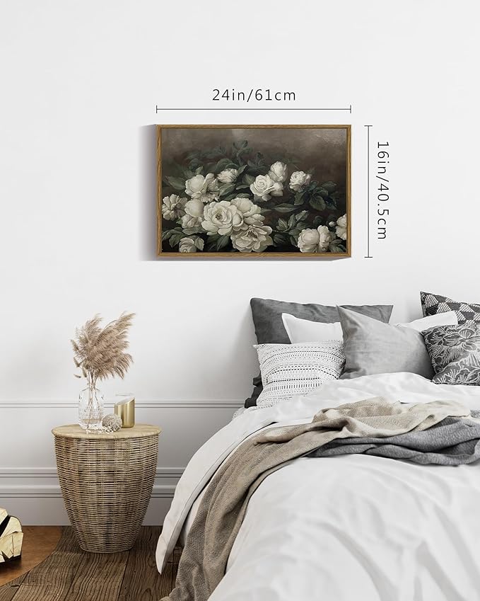 SHENIFY 16x24in Large Vintage Landscape Framed Canvas Wall Art Rose Flower Classic Wall Prints Modern Kitchen Bathroom Office Decor - Natural Framed