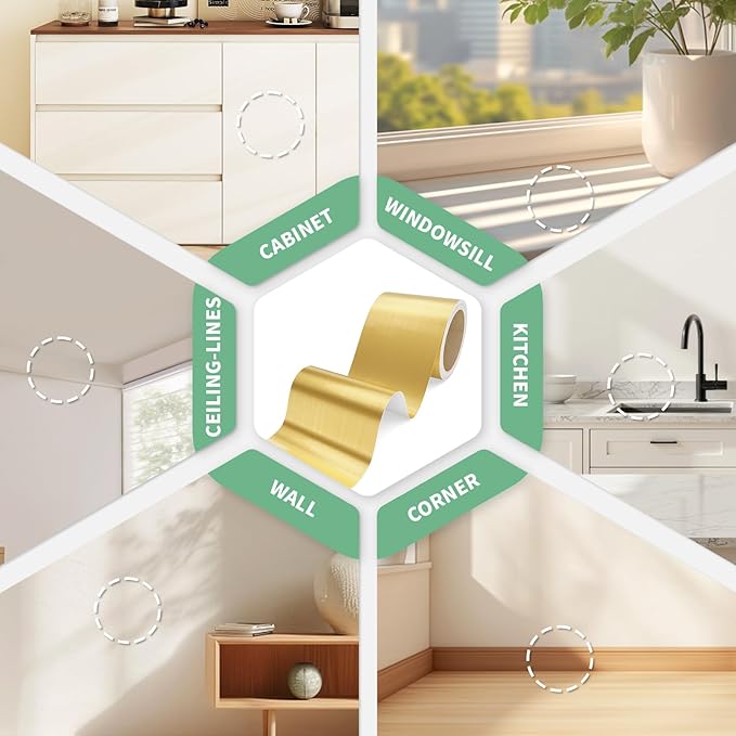 Peel and Stick Wallpaper Borders 390” x 4” Self Adhesive Mirror Frame Border Brushed DIY for Kitchen Bathroom Mirror Removal Border Sticker Wall Decor Cover 10.8 Sq.Ft, Brushed Golden
