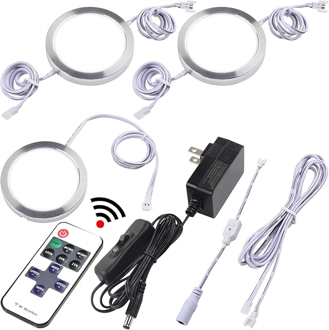 Under Counter Lights, Curio Cabinet LED Puck Lighting, 110V Wall Plugged in, Wireless RF Remote Control Dimmable, Daisy Chained Linkable, Dia 2.4", White Cords, Daylight 6000K, 3 Lights
