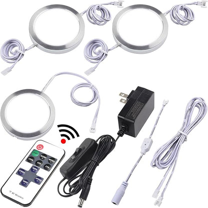 Under Counter Lights, Curio Cabinet LED Puck Lighting, 110V Wall Plugged in, Wireless RF Remote Control Dimmable, Daisy Chained Linkable, Dia 2.4", White Cords, Daylight 6000K, 3 Lights