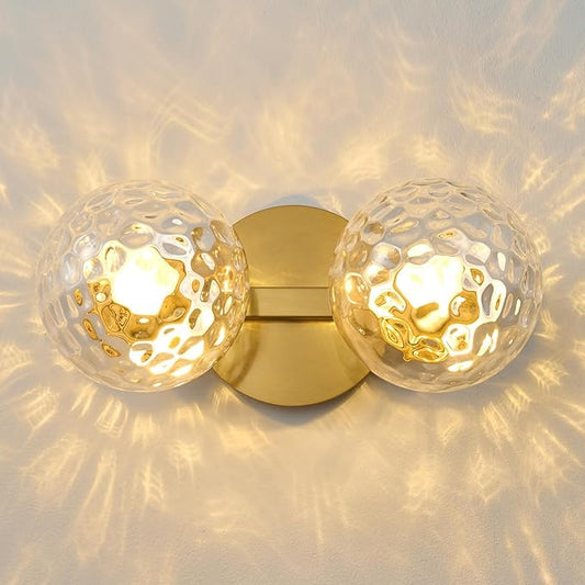 Gold Bathroom Vanity Light Fixtures: Modern Wall Scones With 2 Hammered Clear Glass Shades - Globe Makeup Lighting Fixture over Mirror - Brass Ball Powder Room Vanities Lights for Hallway Bedroom