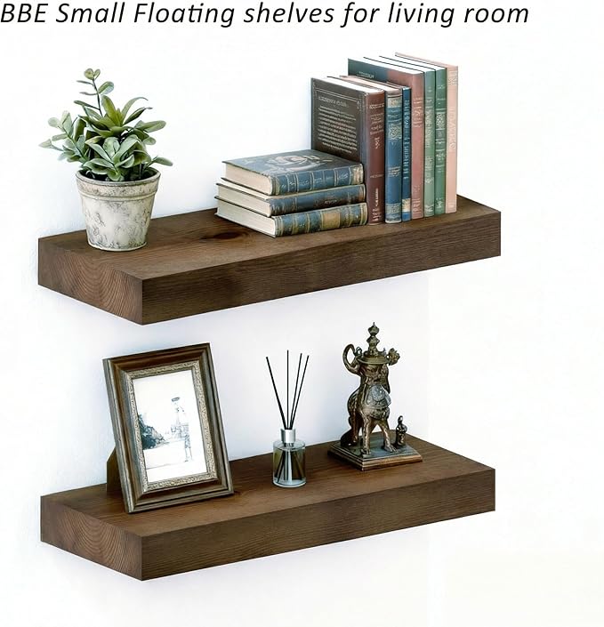 BBE Floating Shelves for Room Wall Rustic Walnut Wooden Bathroom Wall-Mounted Shelf Over Toilet Decor 16 Inch Storage Wood Shelves for Living Room, Bedroom, Kitchen Farmhouse 16D x 6.7W Set of 2