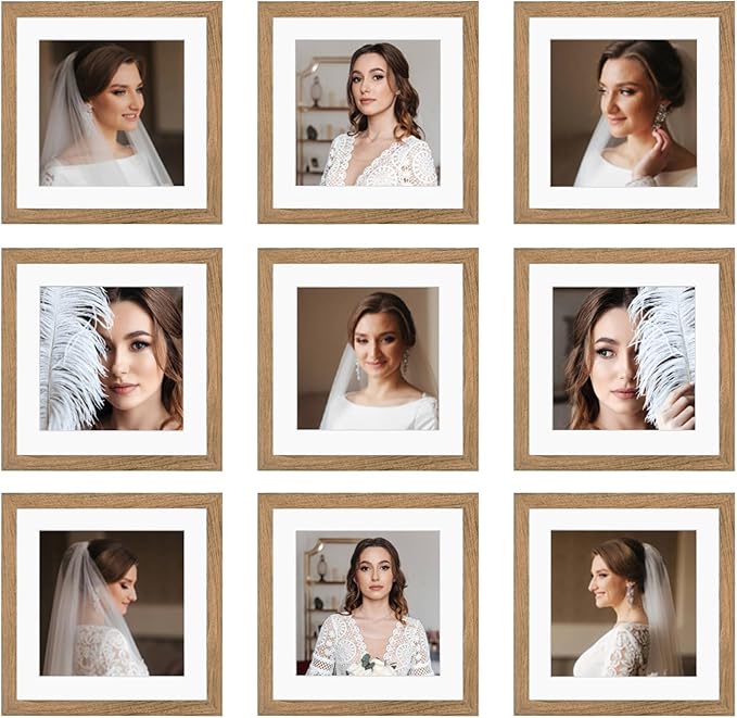 8x8 Picture Frame Set of 9, Display Pictures 4x4 with Mat or 8x8 without Mat, Multi Collage Gallery Square Photo Frames for Wall or Tabletop,Light Brown