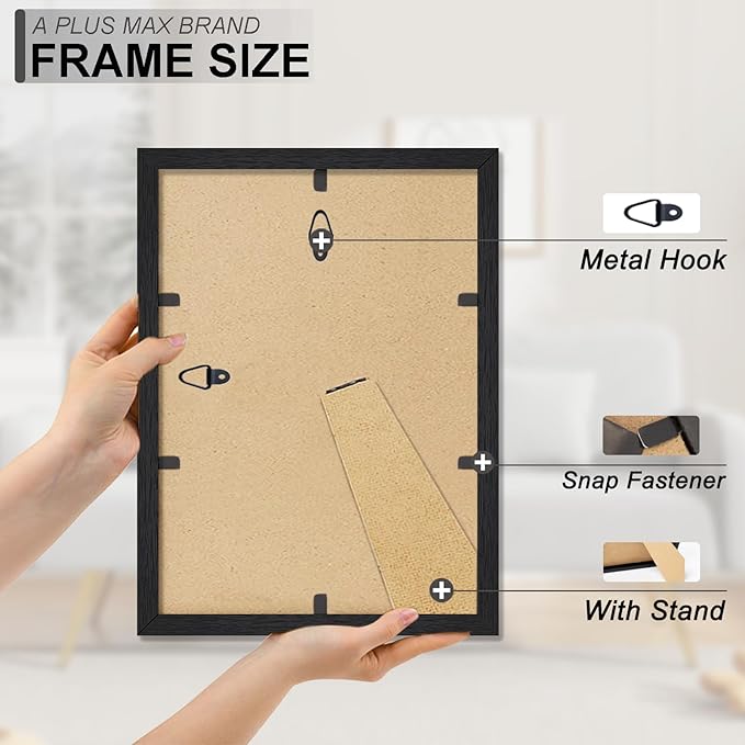 A PLUS MAX 8x11 Picture Frame Set of 2, Black Engineered Wood Frame for 8 x 11 Inch Picture Poster Photo, Light Weight 8 by 11 Frame with Wood-grain for Wall - 2 Pack/Black/8"x11"