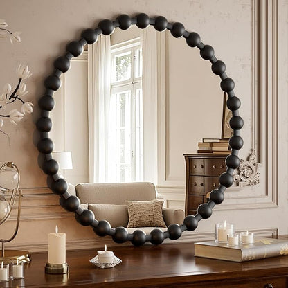 Round Mirror for Wall, 28 Inch Black Beaded Frame Decorative Vanity Mirror, Circle Bathroom Mirror with High-Definition Lense, Modern Wall Decor for Bathroom, Living Room, Bedroom, Entryway