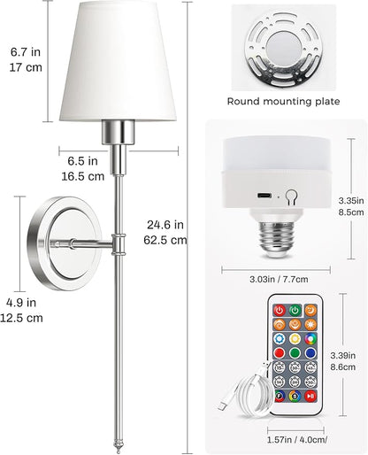 DORESshop Battery Operated Wall Sconce Set of 2, Wireless Wall Light Easy to Install, 7 Color Rechargeable Wall Sconces, Sconce Wall Decor Set of 2 for Bedroom, Living Room, Chrome, 24.6in