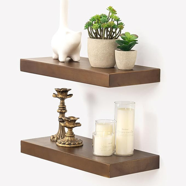 Marsmiles Wood Floating Shelves | Rustic Dark Wood Wall Shelves Set of 2 | 16" W x 7.7" D x 1.6" H Dark Wooden Shelves for Bathroom Living Room Kitchen