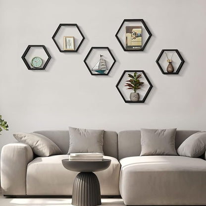 CADUKE Hexagonal Floating Shelves Set of 6 Hexagon Sheves Wall Mount Wood Storage Honeycomb Shelf Farmhouse Wall Decor Shelves for Bedroom Living Room, Black