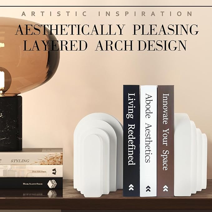 Book Ends for Heavy Books, Resin Decorative bookends, Heavy Duty Book end for Shelves, Book Stopper for Shelves, Modern Home Decor Aesthetic Book Ends, Layered Arch Design Set of 2(Cream White)