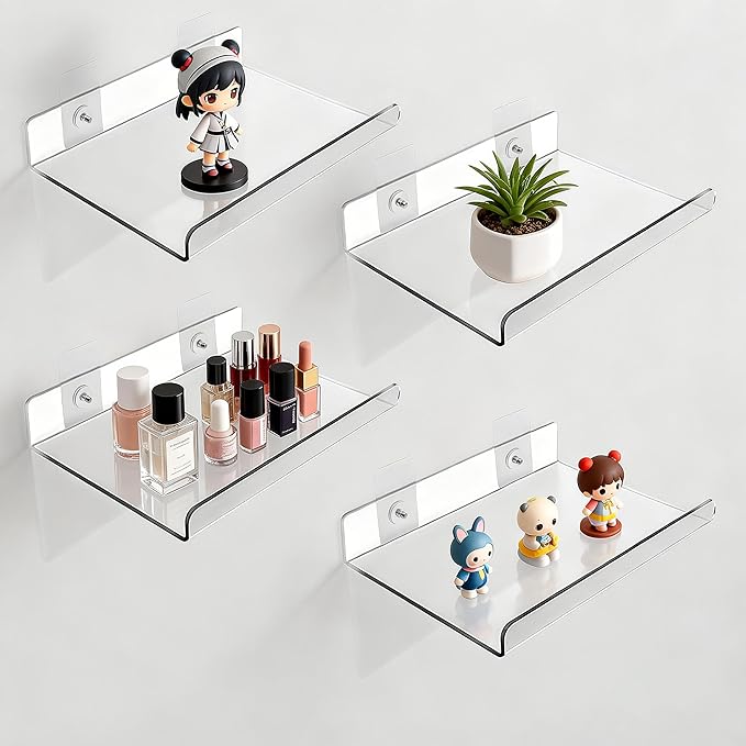 4-Pack Clear Acrylic Floating Shelves with Adhesive & No-Trace Nails - Ultimate No Drill Wall Mounted Display & Storage Organizer for Bathroom, Bedroom, Living Room, Office, 7.87