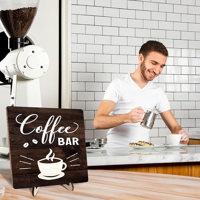Funny Coffee Bar Decor Sign – Rustic Wooden Plaque for Coffee Station, Farmhouse Cafe Shelf Accessories, Desk or Kitchen Counter Decor,Birthday,Mother Day Gift 5.9 x 5.9 Inch (Brown)