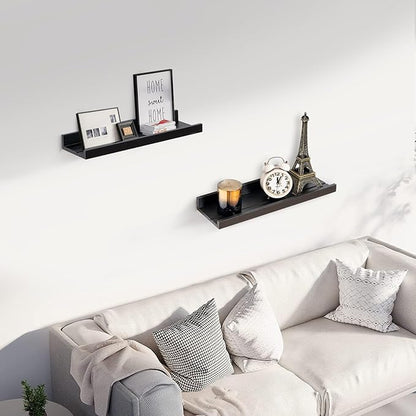 Muzilife 16" Floating Wall Ledge Shelves with Lip - Set of 2 Wood Floating Shelves - Widened Black Wall Mounted Picture Ledge for Office, Bathroom, Bedroom, Living Room, Kitchen