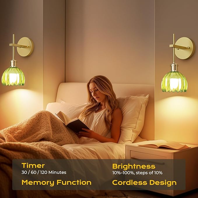 Battery Operated Wall Sconce with Green Tulip-Shaped Lampshades, Wireless Rechargeable Sconces Wall Decor Set of 2 with Remote Control, 12 RGB Colors & 3 CCT Settings (Green)