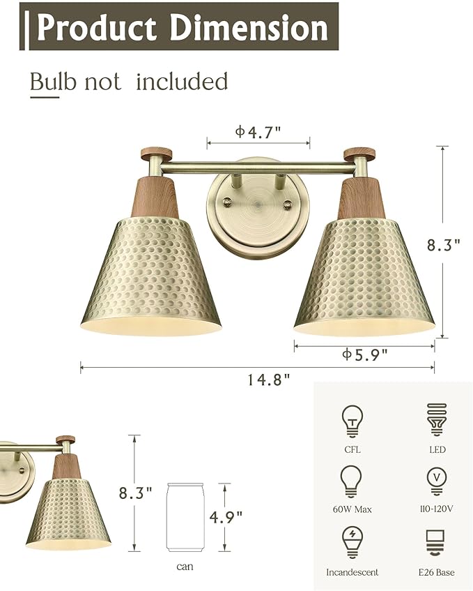 FEMILA 2 Light Bathroom Vanity Light Fixtures Over Mirror, Modern Brass Gold Bathroom Lighting Fixtures with Metal Shades, Woodgrain Finish, 4FG59B-2W BG-NW