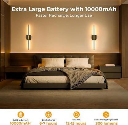 Battery Operated Wall Sconce Detachable 360°Rotate, Wireless Wall Lamp 3000-6500K Dimmable, 10000mAh Rechargeable Wall Light for Bedroom, Living Room，28.3" Black Gold (1 Pack)