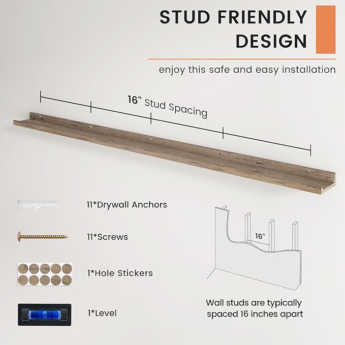 Picture Ledge Shelf, Floating Shelves Set of 2, 72 Inches Long Large Nursery Book Shelves for Toys Storage, Kids Bookshelf Wall Mounted for Living Room Bedroom Decor Books Photo Frames,Grey