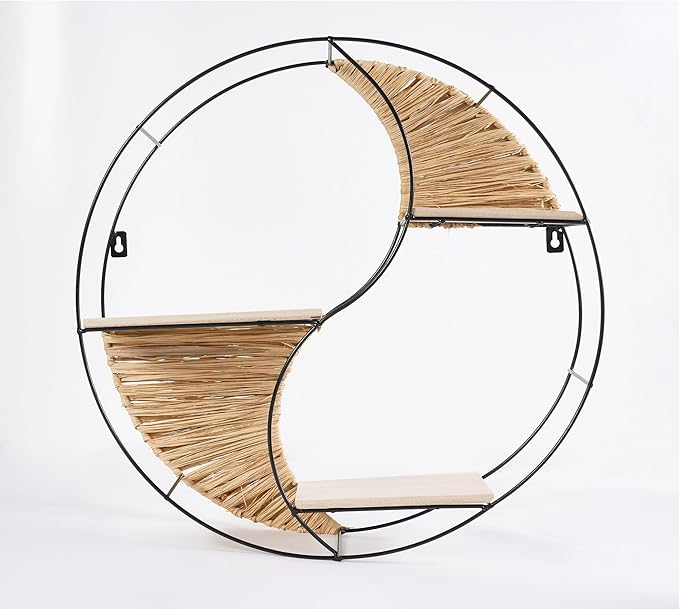 Urban Lifestyle Round Wall Shelf, Yin Yang Floating Shelf with Metal Frame, Boho Woven Wood Wall Decor, Modern Circular Hanging Shelf for Living Room, Bedroom, Entryway