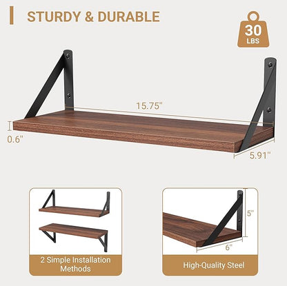 Heimlove Floating Shelves for Wall, 16 Inch Long Wood Floating Shelves Set of 3, Wall Mounted Hanging Shelf for Bathroom Bedroom Kitchen, Walnut