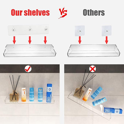 Acrylic Shower Shelves, 2 Pack Self Adhesive Bathroom Clear Floating Shelf Wall Mounted Thick Storage and Decor Rv Accessories Display No Drilling Organization Home Apartment Essentials