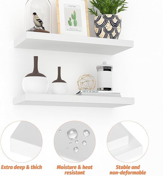 Floating Shelves (Set of 2) – Wall Mounted Shelves for Home Décor and Storage, Natural Pine Wood, Suitable for Living Room and Bedroom (White, 15.7" x 5.7" x 1.0")