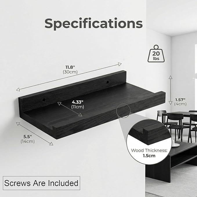 Z metnal Wood Floating Shelves, Small Natural Wooden Display Wall Shelf for Picture Ledge, Wall Mounted, 12 x 5.5inch, Black, 2 Pack