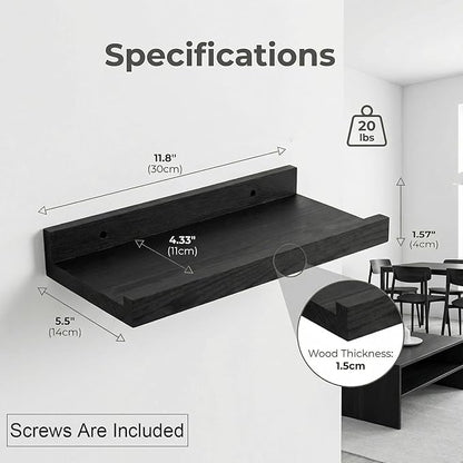 Z metnal Wood Floating Shelves, Small Natural Wooden Display Wall Shelf for Picture Ledge, Wall Mounted, 12 x 5.5inch, Black, 2 Pack