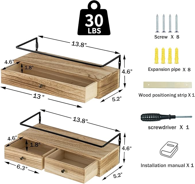 Floating Shelves - Wall Mounted Bathroom Shelf Set of 2 with Drawers, Rustic Wood Shelves for Bedroom, Living Room, Kitchen, Wall Decor, Plants, Books (Brown)