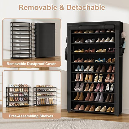Shoe Rack with Cover Narrow Shoe Organizer with Pockets 10 Tier Tall Shoe Storage Holds 36-41 Pairs Shoes and Boots Shoe Rack for Closet Entryway Garage, Black