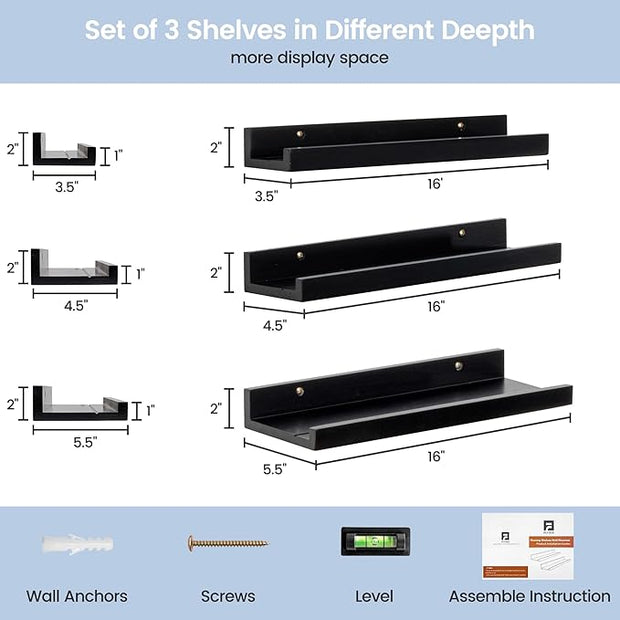 Picture Ledge Wall Shelves 16 inches Width Set of 3, Solid Pine Wood Rustic Floating Ledge Shelves for Wall for Kids' Room Bedroom Kitchen Bathroom Living Room Nursery Display Decor, Black