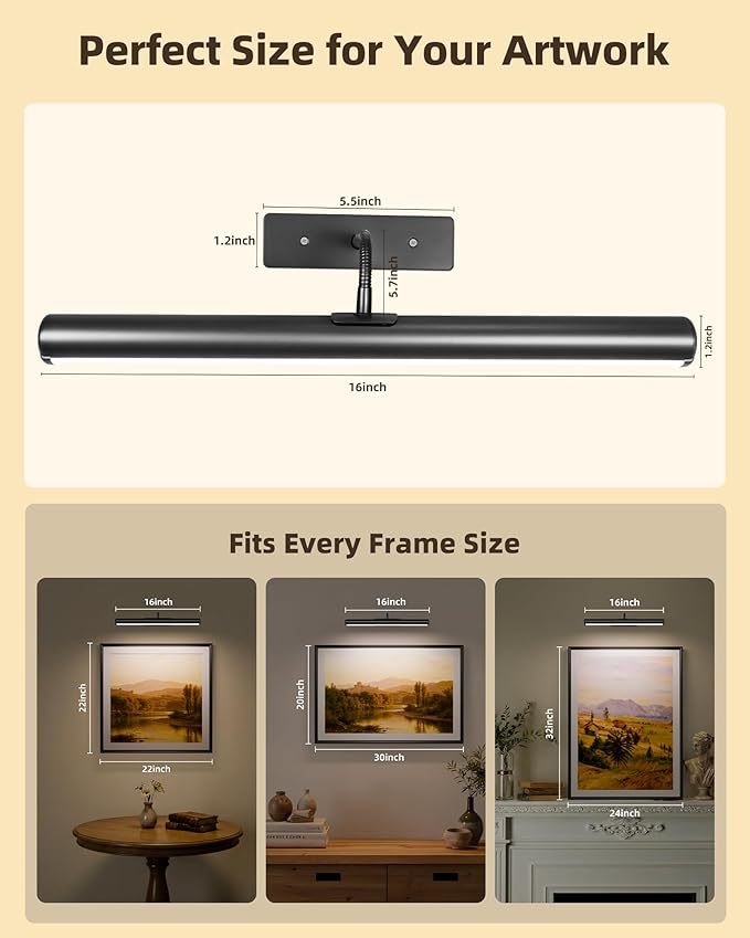 EZVALO Picture Lights for Wall, 16in Rechargeable 6000mAh Battery Operated Painting Lights with Remote, Wireless Wall Light for Gallery, Living Room, Hallway (Black)