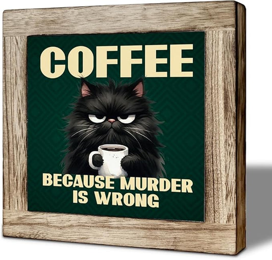 Black Cat and Coffee Wooden Decor, Funny Coffee Sign, Funny Cat Decor Sign, Farmhouse Cafe Signs for Kitchen Decorations, Rustic Wooden Table Top Decoration 5.9X5.9 Inches