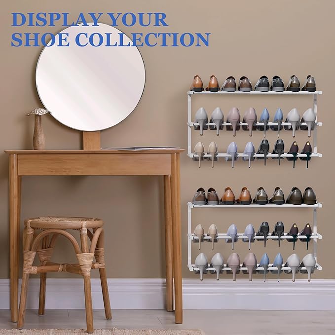 2 Pack Wall Mounted Shoe Rack, 3 Tier Hanging Shoe Rack Holds 24 Pairs, 17"-30"Adjustable Heavy Duty Metal Shoe Organizer Holder with 4 Storage Hooks, Space Saving for Closet Entryway Doorway（White)