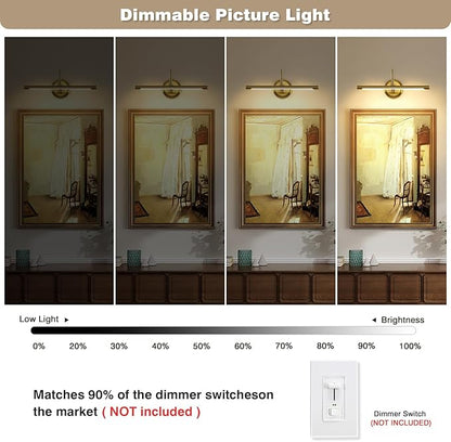 Modern LED Picture Light Hardwired, 16.5 Inch Dimmable Gallery Art Light with 270° Rotatable Lamp Head, Brass Wall Sconce for Paintings Display, 3000K Warm White, Metal Swing Arm Art Lamp for Mirror