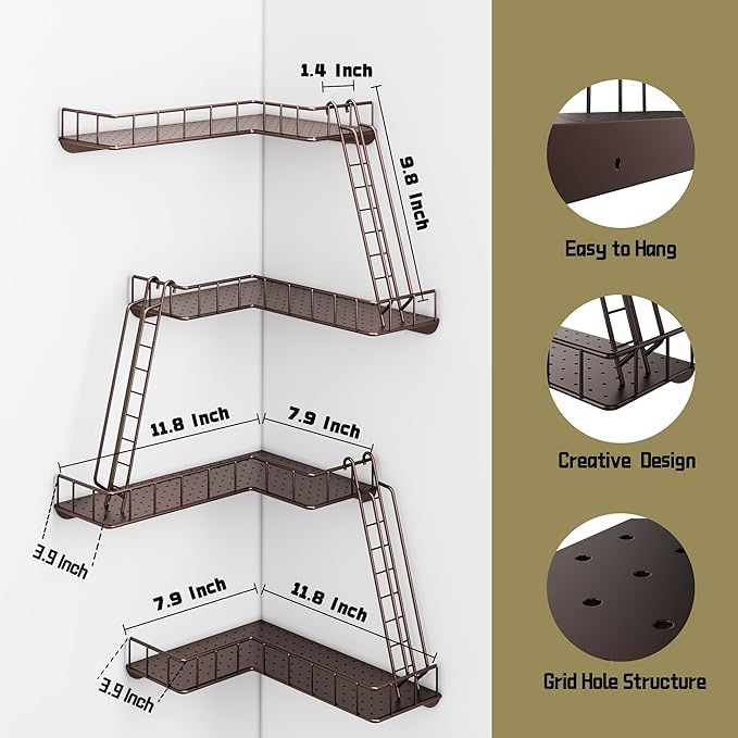 Fire Escape Wall Shelf - Modern City Style 4-Tier Corner Wall Shelves, Easy to Install Metal Ladder Shelf for Figures, New York Decorative Shelves for Bathroom, Living Room&Home Decor,Coffee