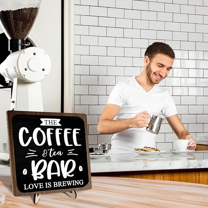 Coffee Bar Decor Sign, Rustic Wooden Plaque for Coffee Lovers, Farmhouse Shelf Accent, Gift for Espresso Fans, Kitchen or Café Desk Display, 5.9 x 5.9Inch(Black+Brown)