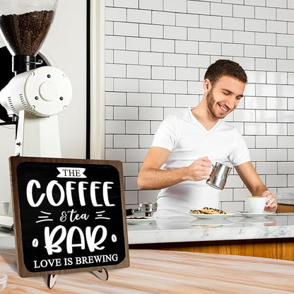 Coffee Bar Decor Sign, Rustic Wooden Plaque for Coffee Lovers, Farmhouse Shelf Accent, Gift for Espresso Fans, Kitchen or Café Desk Display, 5.9 x 5.9Inch(Black+Brown)