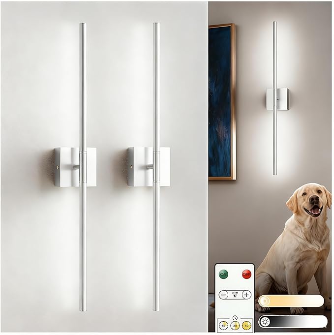 L LOHAS LED Battery Operated Wall Sconces Set of 2, Battery Wall Sconce 10000mAh, Nickel Rechargeable Sconces 6000K, 28.3 Inch Wireless Wall Lights, Sconce Wall Decor for Bedroom, Living Room