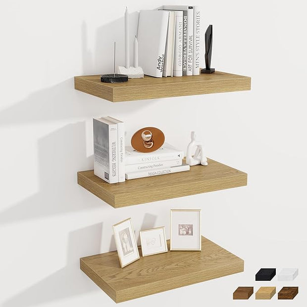 Fun Memories 12 Inch Deep Floating Shelves for Wall, 20 Inch Long Wall Mounted Storage Shelf with Invisible Brackets, 3 Pack Hanging Wood Shelf for Farmhouse, Bedroom, Kitchen, Living Room, Oak