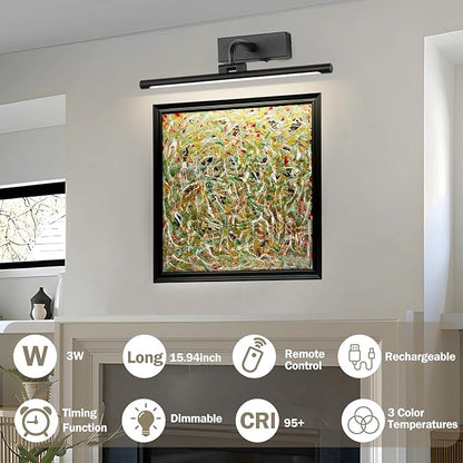 Wireless Picture Light for wall Battery Operated Rechargeable Art Lights Dimmable Painting Lights Black Gallery Light with Remote Wall Lights for Display, Artwork, Portrait (15.94Inch)