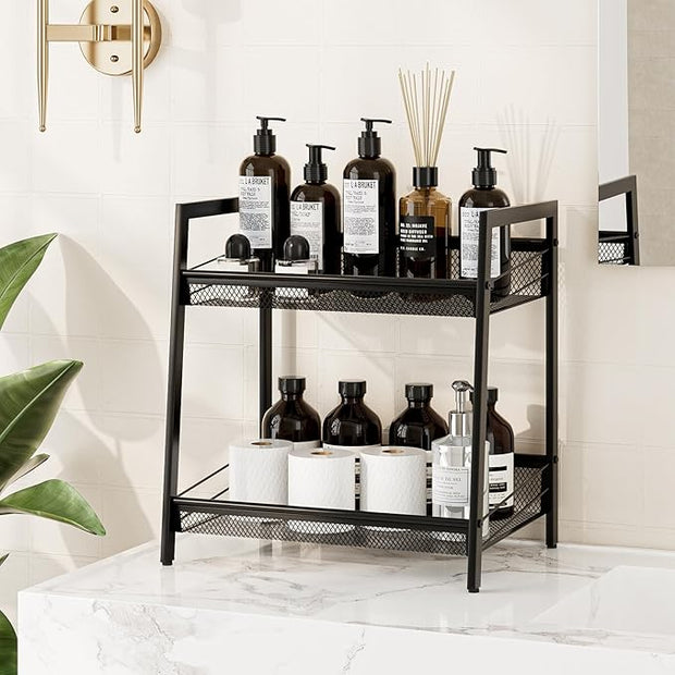 Masupu 2 Tier Bathroom Shelf, Bathroom Organizer and Storage for Small Space, Free-Standing Metal Rack Shelves Waterproof for Kitchen, Bathroom, Laundry, Toilet, Black