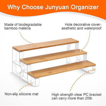 junyuan Spice Rack,3 Tier Spice Organization for Cabinet,Seasoning Organizer,Kitchen Counter Shelf,Bamboo Tiered Display Stand,Clear Extended Width 14"