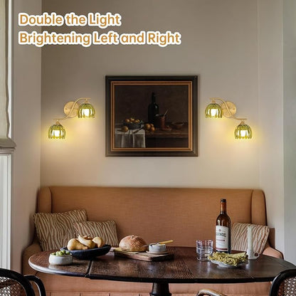 Battery Operated Wall Sconce, 2-Lights Vinatge Brass Wall Lighting with Green Tluip Shade Rechargeable Bulb with Remote for Living Room, Bedroom，Symmetrical 2 Pack