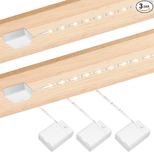 3 Pack Battery Operated LED Strip Lights for Under Cabinet, Under Counter Click Light for Kitchen Cabinet Closet Shelves (Nature White) 4000K, Without Batteries